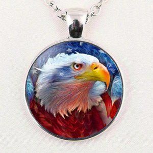 Mens Silver Bald Eagle Cabochon Pendant Necklace Party Gift